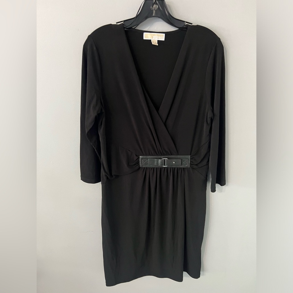 MICHAEL Michael Kors Black V Neck Dress with Belt Silver Accent Long Sleeve M